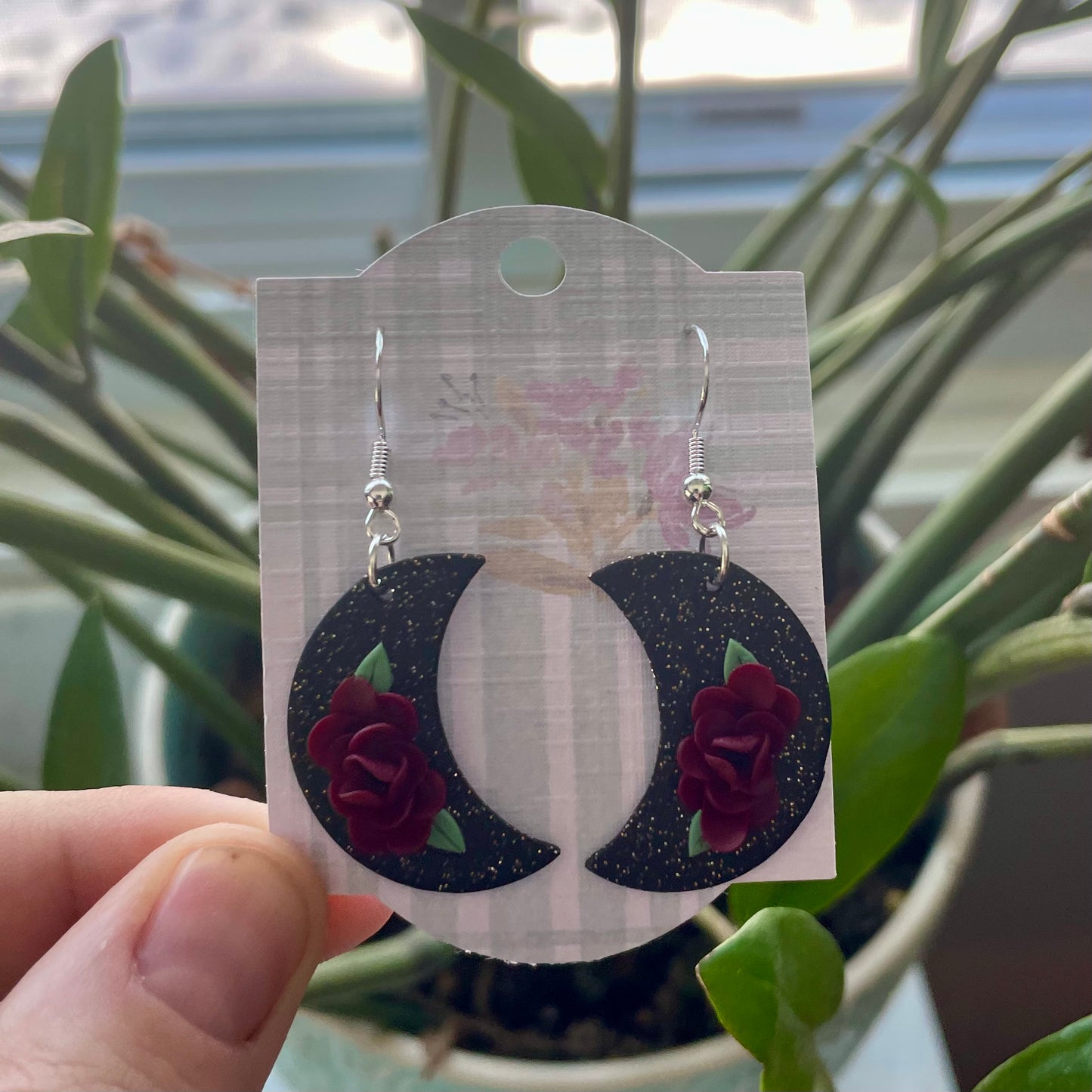 Black Sparkly Floral Moons